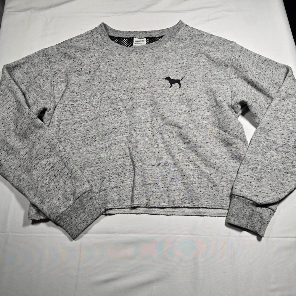 PINK Victorias Secret XS Grey Marl Cropped Sweatshirt Mesh Back Dog Logo